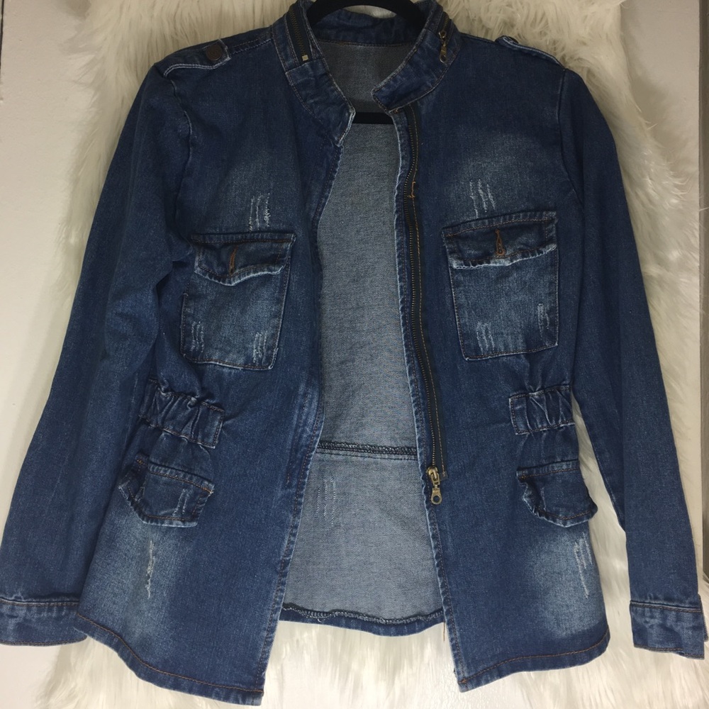 Military style distressed denim jacket